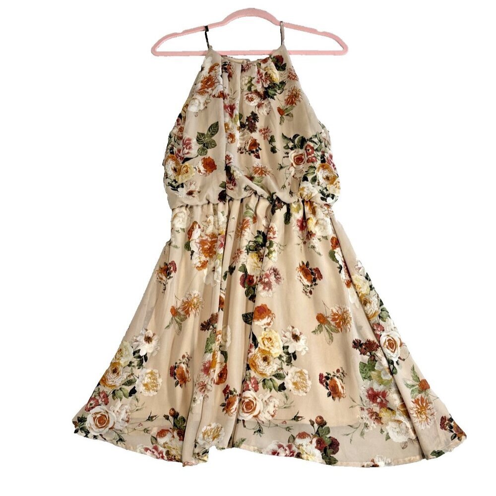 Mind Code Floral A-Line Halter Sleeveless Dress Elastic Waist Women's Sz Medium